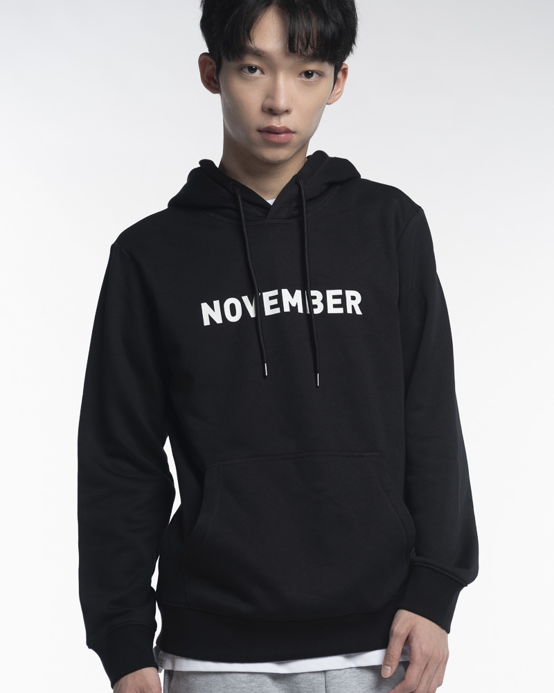 Yishion Men Solid Coloured Long Sleeve Hoodie with Kangaroo Pockets and November Slogan (Black)