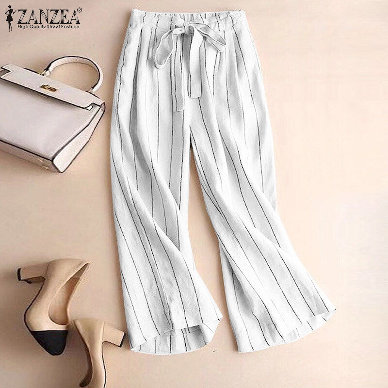 ZANZEA Women's Business Commute Stripe Printed Trousers OL Work Elastic Waist Wide Leg Pants #2